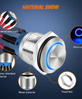 12mm Push Button Switch Kit 5 Pack With Pre Wired Harness LED Latching Round SPDT 4 Pin Waterproof Stainless Steel