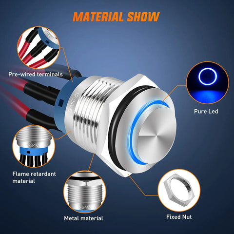 12mm Push Button Switch Kit 5 Pack With Pre Wired Harness LED Latching Round SPDT 4 Pin Waterproof Stainless Steel