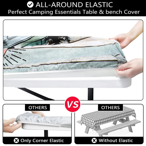 Waterproof 6 Foot Picnic Table Cover With Elastic Bench Covers 3 Piece Set showing all-around elastic fit on a white table.
