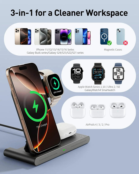 Travel Ready 3 In 1 Wireless Fast Charger Station for iPhone Apple Watch and AirPods on office desk, slim portable dock.