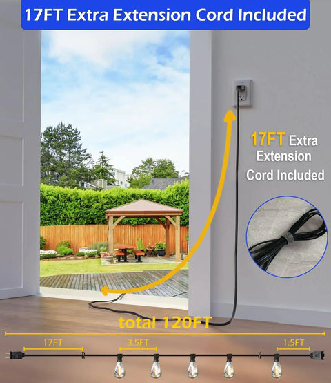 120 Ft LED Outdoor String Lights With 32 Shatterproof Edison Bulbs 2700K Warm White Commercial Grade Patio Lighting Heavy Duty Waterproof Outdoor String Lights For Garden Porch Deck Decor Includes 17 Ft Extension Cord installed on porch wall.