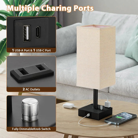 Fully Dimmable Nightstand Lamps Set Of 2 With Stepless Dimming Rotary Switch, USB C And USB A Charging Ports, Two AC Outlets shown