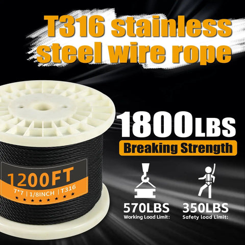 Top Shelf 1/8 Black T316 Stainless Steel Cable Railing 1200 Ft With Cable Cutter Hella Tough Marine Grade 7X7 Wire Rope on spool.