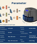 Smooth As Butter Coin Counter And Sorter Machine For All Usd Currency with digital panel and specifications chart.