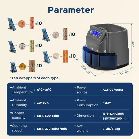Smooth As Butter Coin Counter And Sorter Machine For All Usd Currency with digital panel and specifications chart.