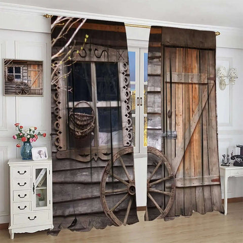 Barn Door Rod Pocket Blackout Curtains For Living Room, Rustic Farmhouse Vibe With Wooden Board Wheel Motif, 63x21 inches