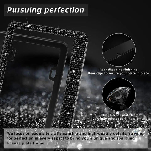 Black Bling License Plate Frame Set For Women With Over 1200 Faceted Crystal Rhinestones Stainless Steel Edge Guard