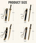 Ancient Sword Letter Opener Set With Sheaths 4 Piece Mini Sword Keychain Desk Decor And Mail Opening Tool For Envelopes shown with measurements.