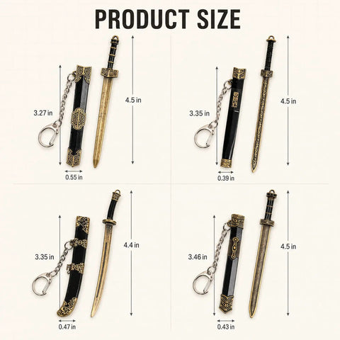 Ancient Sword Letter Opener Set With Sheaths 4 Piece Mini Sword Keychain Desk Decor And Mail Opening Tool For Envelopes shown with measurements.