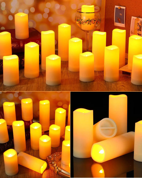 Waterproof Flameless LED Pillar Candles Set Of 24 In 3 Heights With Remote Controls And Timers For Indoor Outdoor Weddings And Home Decor Realistic Flicker Battery Operated 5.5 cm Diameter And 4 5 6 Inch Heights Lit Ambiance For Any Event