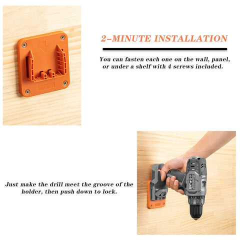 18V Li-Ion Drill Mount Holder Rugged Heavy Duty ABS Wall Dock Hanger installation on wooden surface