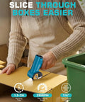 Person using Bluebow Cordless Electric Scissors With Rechargeable Battery For Cutting Cardboard Box 1/4 Inch Thick to slice box.