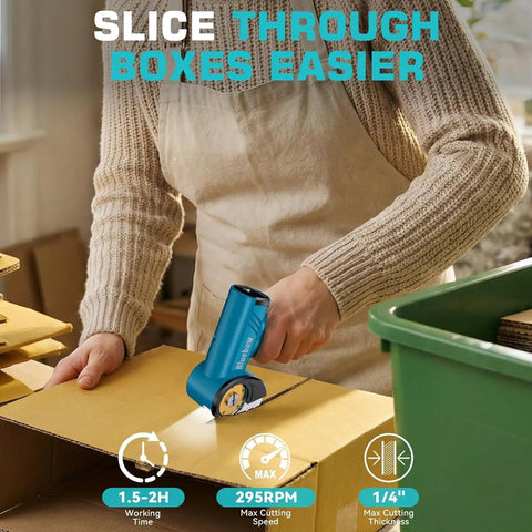 Person using Bluebow Cordless Electric Scissors With Rechargeable Battery For Cutting Cardboard Box 1/4 Inch Thick to slice box.