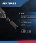 Impact Socket Adapter Set For Quarter Inch Three Eighths Inch Half Inch CrV Steel Locking Reducers For Wrenches And Ratchets Converts SAE Sizes For Automotive Work Square Drive Heavy Duty Garage Tool Kit For Impact Drivers with adapters and features list.