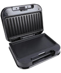 Wisoqu 750W Electric Panini Press Grill With Nonstick Plates open view, showcasing black nonstick cooking surface and hinged lid.