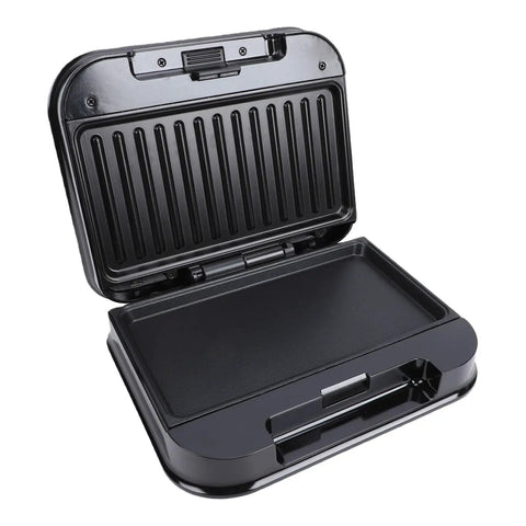 Wisoqu 750W Electric Panini Press Grill With Nonstick Plates open view, showcasing black nonstick cooking surface and hinged lid.