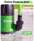 Heavy Duty 1 HP Submersible Water Pump With Smart Float Switch Cranks 4000 GPH showing drainage outlet at 3/16" depth in water.