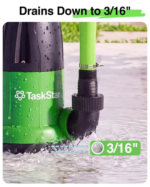 Heavy Duty 1 HP Submersible Water Pump With Smart Float Switch Cranks 4000 GPH showing drainage outlet at 3/16" depth in water.