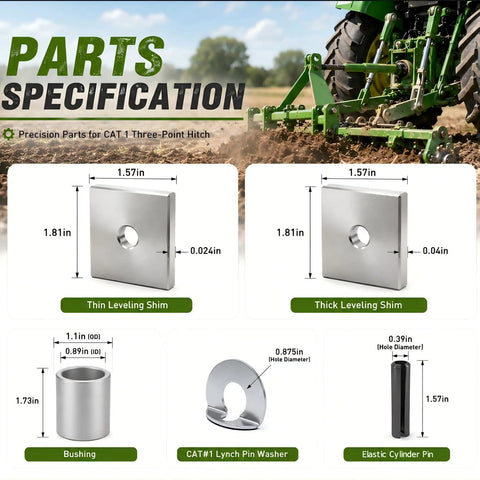 Easy Change Quick Hitch Replacement Hardware Kit For 3 Point Hitch Cat 1 Implements Ready Carbon Steel Lynch Pin Washers Versatile Bushings Built Tough For Smooth No Fuss Alignment And Quick Hitch Operation. Cat 1 shim, bushing, washer, and pin dimensions