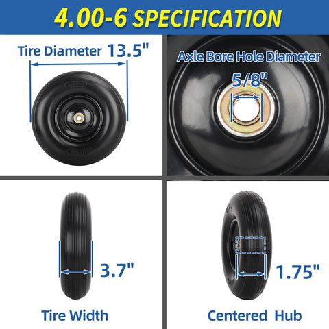 13.5 Inch Solid Flat Free Wheelbarrow Tire 4.00-6 with 5/8 Axle Bore, 3.7 Width, 1.75 Centered Hub specifications diagram