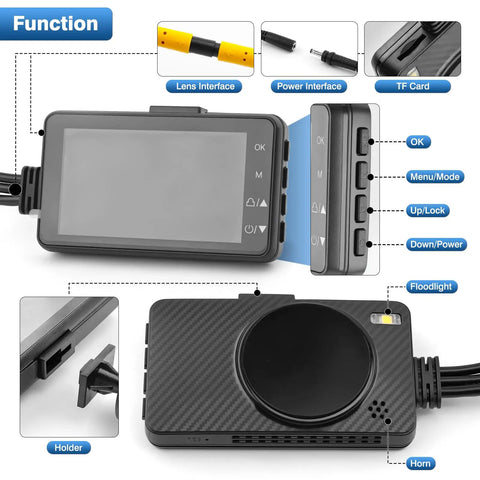 Dual 1080P Waterproof Bike Dash Cam With 3 Inch Screen, Night Vision, Front And Rear HD Recording, buttons and ports view