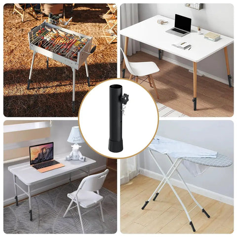 Heavy Duty Adjustable Table Risers And Leg Extenders Four Pack With Dual Height Settings on various furniture including desk and grill.