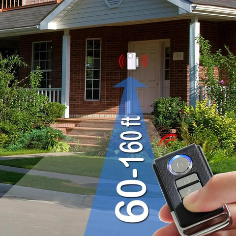 Wireless Remote Door And Window Alarm With Magnetic Sensor showing 60-160 ft range, key fob in hand, house entrance visible
