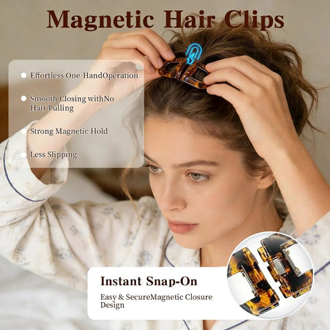 Woman using Magnetic Hair Clips for Women With Strong No Slip Hold Seamless 2 In 1 Design for thick or thin hair, snap-on