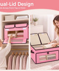 No Hassle Straight Up Foldable Fabric Storage Bins With Tough Lids And Transparent Panels For Rapid Grab Makes Home Sorting A Total Cinch, pink storage bin with clear panels, dual access design, holding folded towels.