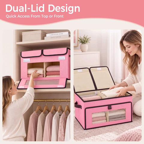 No Hassle Straight Up Foldable Fabric Storage Bins With Tough Lids And Transparent Panels For Rapid Grab Makes Home Sorting A Total Cinch, pink storage bin with clear panels, dual access design, holding folded towels.