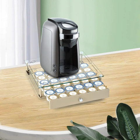 K Cup Holder With Tempered Glass Top Coffee Pod Organizer For 36 Pods Beige Detachable Glass Cover Lets You See Pods At A Glance