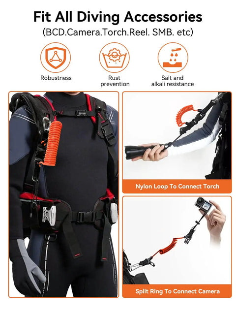 Heavy Duty Scuba Diving Lanyard With Clip shown attached to BCD and gear, nylon loop for torch, split ring for camera.