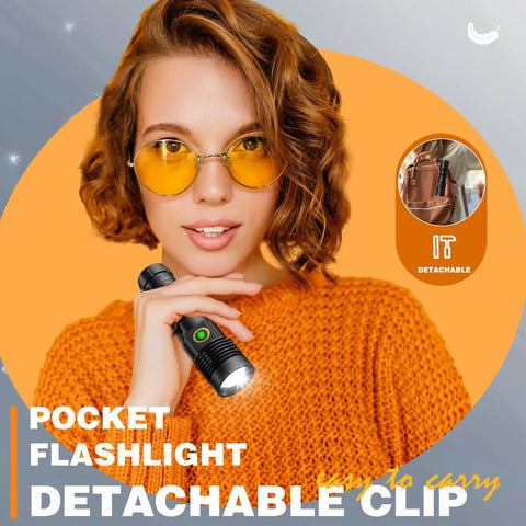 Woman holding Rechargeable Tactical Flashlight With Long Range Beam Up To 1500 Meters USB Zoomable LED Spotlight Magnetic Base