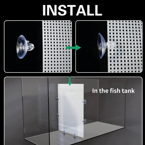 Installation instructions for 2 Pack Clear Aquarium Fish Tank Dividers With Heavy Duty Suction Cups Cuttable Plastic Mesh Grid 10 By 13 Inches.