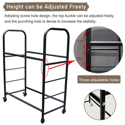 Street Ready Heavy Duty Tire Rack For Your Local Garage Floor Standing Dual Tier Wheel Storage Cart Adjustable Height Steel Frame view showing adjustable height design and stability features.