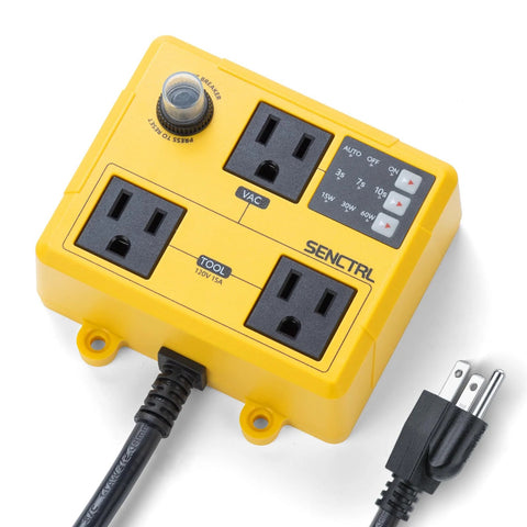 Front view of yellow SENCTRL automatic vacuum switch with two 120V outlets and timer controls for dust collection.