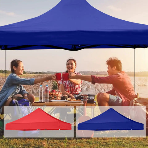 Group under blue Universal Replacement Top For Pop Up Canopy Tents in 6x6 Foot size on a lawn, with side view inserts.