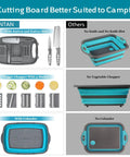 Comparison of collapsible camping cutting board with colander and drain basket, blue gray, highlighting 9-in-1 features.