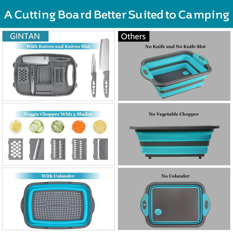 Comparison of collapsible camping cutting board with colander and drain basket, blue gray, highlighting 9-in-1 features.