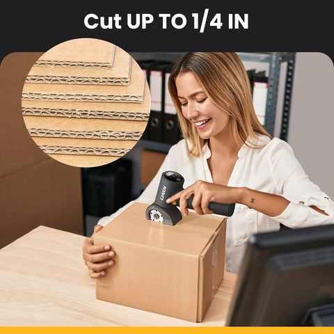 Heavy Duty Electric Cardboard Cutter With Tungsten Steel Blades, 4000Mah Battery And High Torque Brushless Motor cutting a cardboard box.
