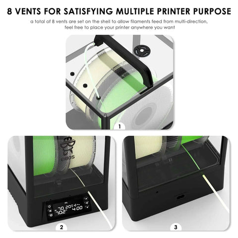 3D Printer Filament Dryer Box With Auto Rotation And Humidity Hold showing 8 vents and control panel for PLA, TPU, Nylon spools