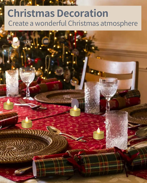 Battery Operated LED Tea Lights 24 Pack Gold Flameless Votive Tealights With Warm White Flickering Light on festive table