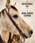 Premium Hand Tooled Leather Western Horse Headstall Split Ear Belt Design With Quick Bit Ties For Trail Cruises And Rodeo Sessions That Ride Slick As Can Be on a horse's head with adjustable fit.