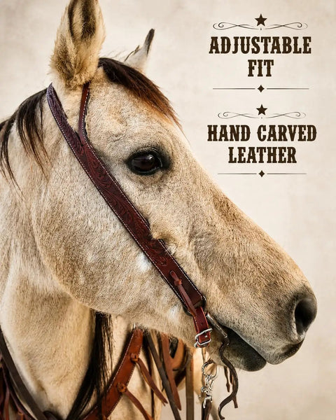 Premium Hand Tooled Leather Western Horse Headstall Split Ear Belt Design With Quick Bit Ties For Trail Cruises And Rodeo Sessions That Ride Slick As Can Be on a horse's head with adjustable fit.