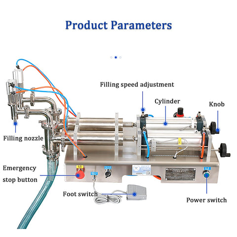 Hassle Free Pneumatic Double Head Bottle Filler Machine Semiauto Liquid Dispenser With Foot Pedal Switch And Quick Adjust Cylinder Valve For Syrup Sauce And Perfume Bottles 100 To 1000 Ml showing filling nozzle, cylinder, and adjustments.