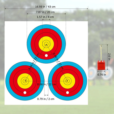 3 Spot Archery Target Paper Set With Pins, New LAS Version, three clear ring targets with measurement details, backyard use