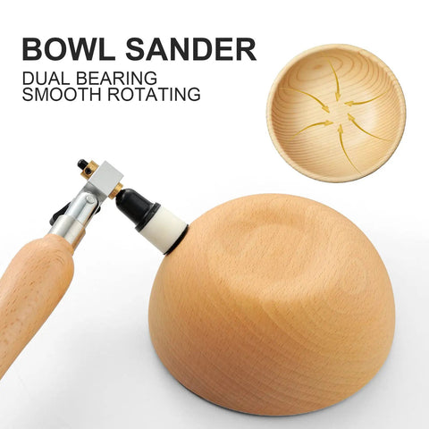 All-in-One Bowl Sander Kit with 1-Inch and 2-Inch Sanding Blocks shown in use on a wooden bowl with arrows for sanding direction.