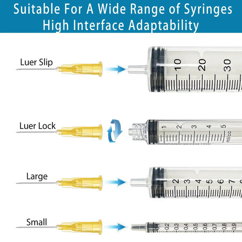 Diagram showing 25G 5/8 Luer Lock Syringe Needles, 100 Pack, Individually Packaged, compatible with various syringes.
