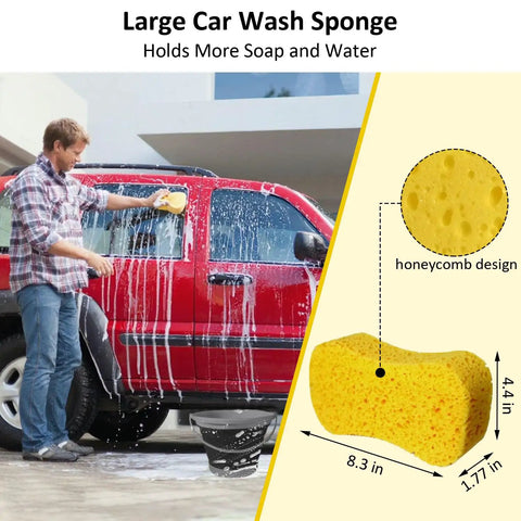 Man using large car wash sponge with honeycomb design from 10 Piece Car Wash Detailing Kit With Collapsible Bucket Wash Mitt Sponge