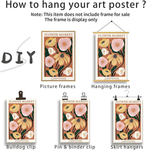 DIY guide on hanging 'Flower Market Copenhagen' art poster using various frames and clips.